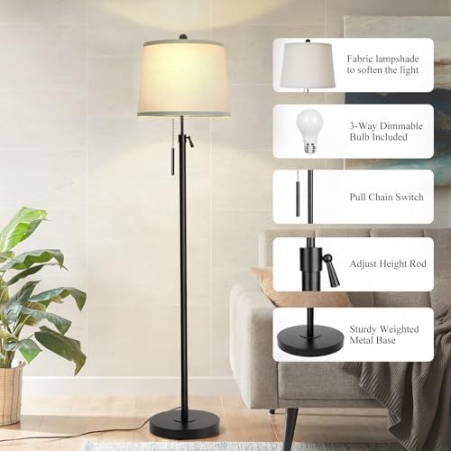 JUNNAI Floor Lamps for Living Room, Black Floor Lamp Adjustable Height Standing Lamp, Dimmable Modern Tall Floor Lamp for Bedroom Office with Beige Linen Shade, 8W 3000K Bulb Included