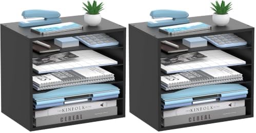 5-Tier Wood Desk Organizer, Paper Tray Organizer for Desk with Adjustable Storage Shelves, Desktop File Organization Paper Sorter Mail Holder for Office Home Classroom, Black (Pack of 2)