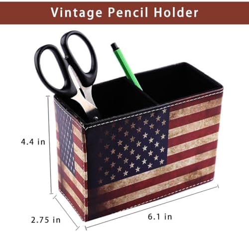 American Flag Desk Organizer, PU Leather Retro Vintage Cool Supplies, Patriotic Decor Pen Pencil Holder Office Home Accessories (USA Flag)
