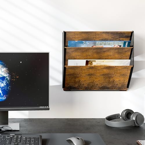 PAG-Mass Wall File Organizer for Office, 3-Tier Rustic Hanging File Holder Wall Storage Rack for Documents/Magazine/Literature/File Folders/Mails/Envelopes, Brown