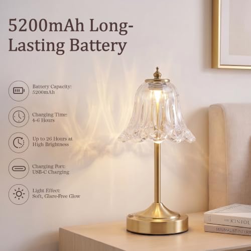 Cordless Table Lamp, Rechargeable Clear Glass Tulip Flower Touch Lamp