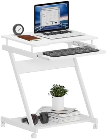 soges Movable Desk for Computer, Small Double-Layer Workstation, Computer Desk Cart, with Universal Lockable Wheels and Keyboard Tray, White