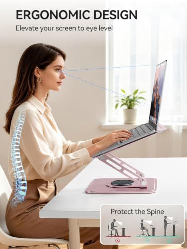 tounee Laptop Stand for Desk, Adjustable Computer Stand Holder with 360° Rotating Base, Ergonomic Laptop Riser Compatible with MacBook Pro Air, All Laptops 10-15.6"-Pink