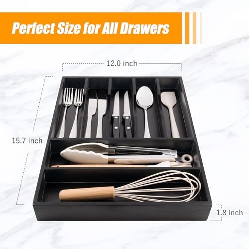 Bellsal Bamboo Silverware Drawer Organizer, Utensil Kitchen Drawer Organizer, Utensil Holder Cutlery Tray with Grooved Drawer Dividers for Kitchen Utensils and Flatware Bedroom Office (7 Slot, Black)