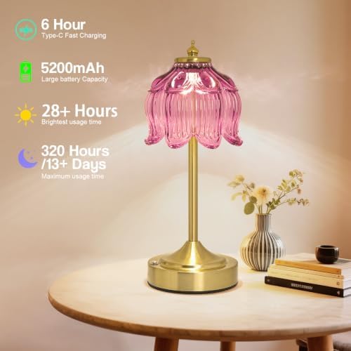 Cordless Table Lamp, Rechargeable Purple Glass Lotus Flower Lamp