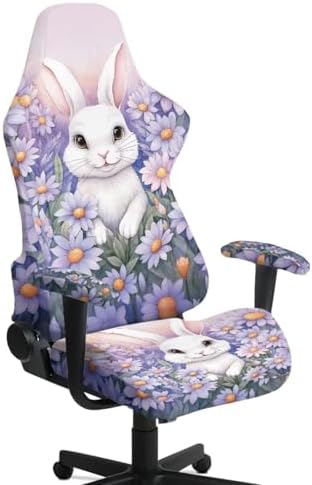 Rabbit Daisy Print Gaming Chair Cover Slipcovers 4pcs with Armrest Covers Washable Anti Scratch Furniture Protector Stretchable Office Chair Slipcover
