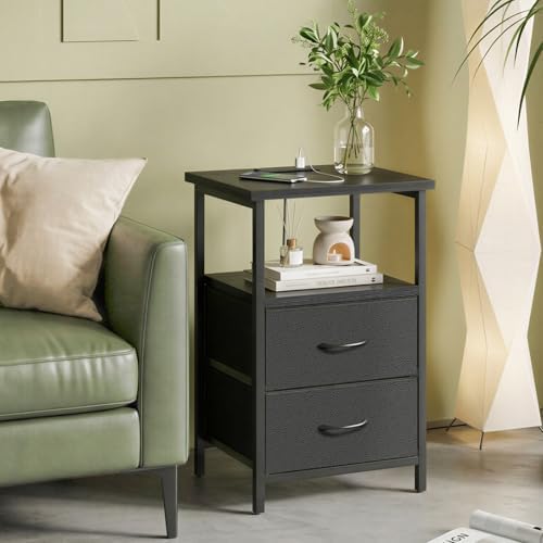 Fixwal Night Stand with Charging Station, 2 Fabric Drawers, Black