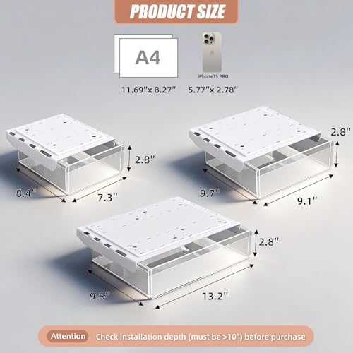 3 Pack Under Desk Drawer Slide Out Storage Organizer, Clear White 3 Sizes (S/M/L), Dual-Mount Hidden Table Tray for Tablets, Planners & Office Supplies
