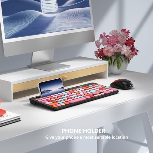 Retro Typewriter Wireless Keyboard with Round Keycaps, 2.4GHz Compact USB Cute Wireless Keyboard and Mouse Combo for Desktop, Laptop and Computer