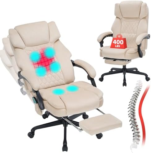Massage Office Chair with Foot Rest 6 Points Vibration and Heat Home Office Desk Chairs for Heavy People 400lbs Reclining Managerial Chairs Ergonomic Executive Chair (Beige)