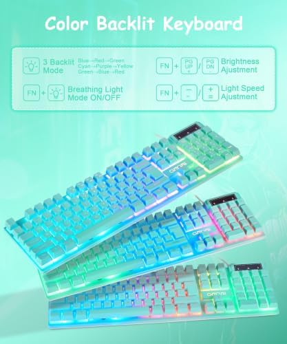 Gaming Teal Keyboard Wired with Color Backlit, Membrane, Quiet for Computer