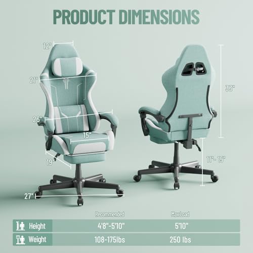 Ferghana Fabric Ergonomic Gaming Chair, High Back Computer Chair with Footrest and Linkage Armrest, Office Video Game Chair with Massage Lumbar Support for Adult, Green/White