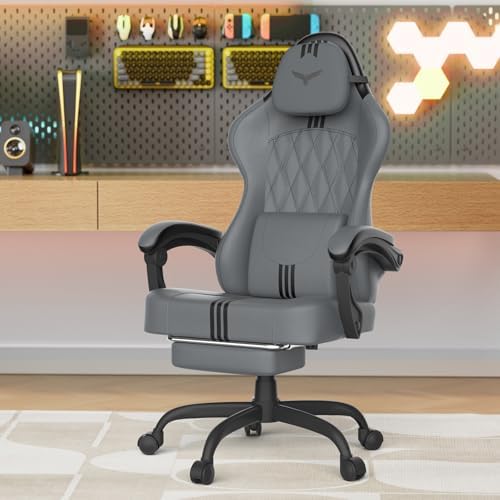Ferghana PU Leather Gaming Chair – Wider Seat Cushion, Diamond Double-Stitching, Ergonomic High Back with Footrest, Computer Gamer Chair Featuring Massage Lumbar Support for Adults (Gray/Black)