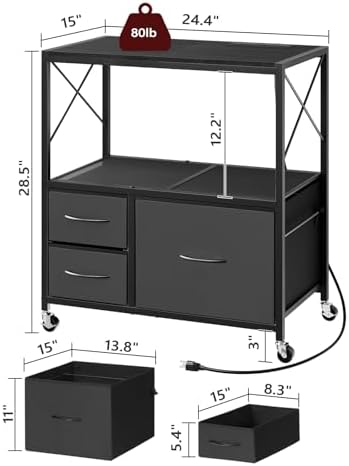 MAHANCRIS File Cabinet with Charging Station, 3 Drawer Lateral Filing Cabinet for Home Office, Mobile Printer Stand with Open Shelf, Fits A4/Letter Size File, Nonwovens Drawer, Black FCHB98E01