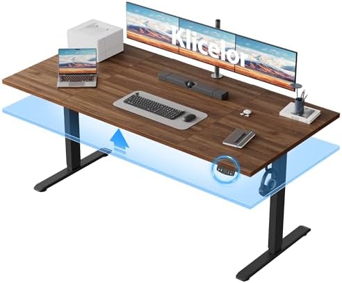 Klicelor 63 Inch Large Electric Standing Desk, Height Adjustable Office Desk, Sit Stand Up Computer Gaming Desk with Memory Preset, Three-Piece Desktop, Dark Walnut