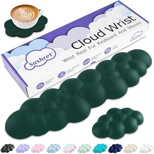 Sushret Cloud Wrist Rest Keyboard, Cloud Keyboard Wrist Pad Set with PU Leather Memory Foam, Cute Arm Rest for Palm Support, PC/Gaming Desk Accessories/Office Setup/Computer Hand Cushion - Dark Green