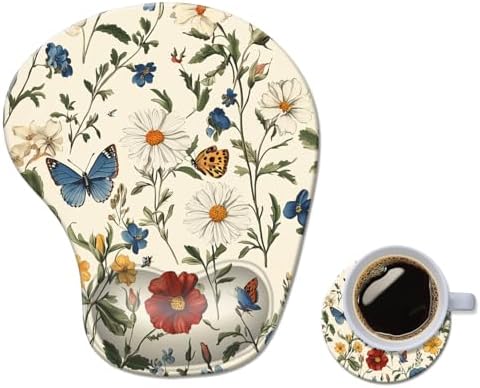 Ergonomic Mouse Pad with Wrist Rest,Comfortable Computer Gel Mouse Pad Wrist Support for Laptop,Pain Relief Mousepad with Non-Slip PU Base Floral Butterfly