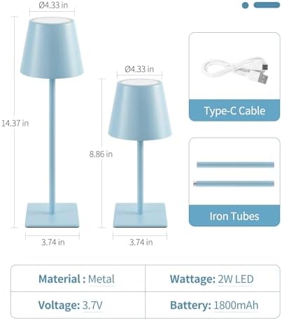 UME 3 Pack Cordless Table Lamp, Battery Operated Lamp - Portable Waterproof Rechargeable Table Lamp w/ 3 Color Temps & Stepless Dimming for Dinner, Desk, Cafe, Outdoor (Blue)