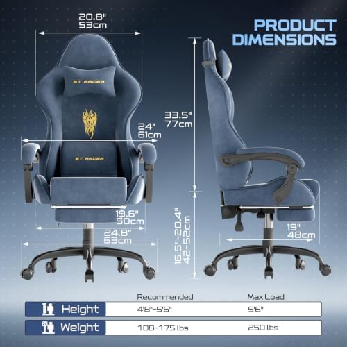 Ferghana Velvet Ergonomic Gaming Chair for Adults, Reclining Racing Computer Desk Chair with Footrest & Massage Lumbar Cushion, Comfortable Home Office Video Game Chair, Grey