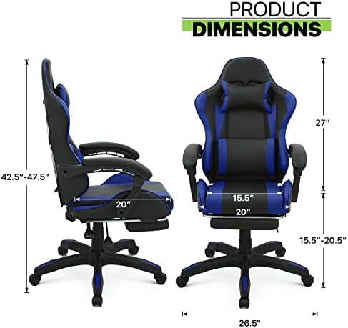 Magshion High-Back Gaming Chair with Footrest, Ergonomic Adjustable Recliner, 360° Swivel PU Leather Computer Chair with Headrest, Lumbar Support and Retractable Footrest for Home Office, Blue