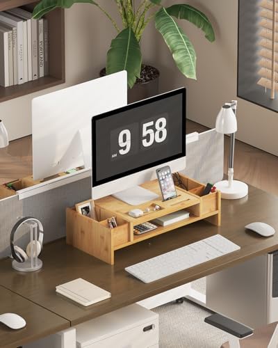 Ufine Bamboo Monitor Stand with Storage Compartments Small Desk Organizer
