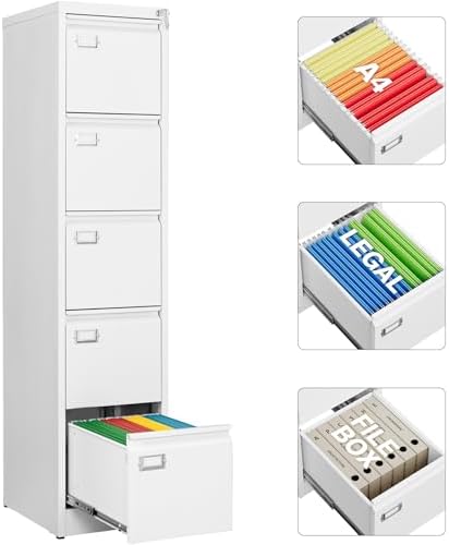 SISESOL 5 Drawer File Cabinet with Lock,White Narrow Vertical File Cabinet Five Drawer,Tall Office Filing Cabinets,Metal Filing Cabinets for Home Office,Fit A4,Legal,Letter Size,-Assembly Required