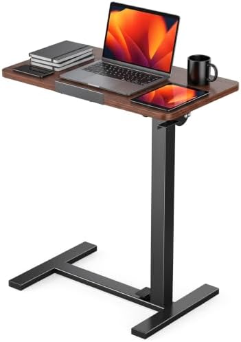 DUMOS Overbed Table with Wheels, Height-Adjustable Bedside Table, Brown