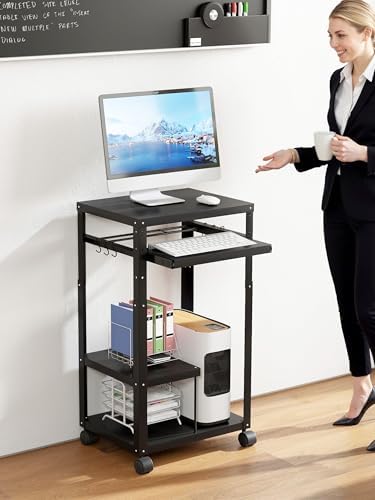 AV Presentation Cart with Keyboard Tray Mobile AV Cart Stand Metal Media Cart with Wheels for Projector Height Adjustable Computer Workstation Presentation Cart for School Classroom Office