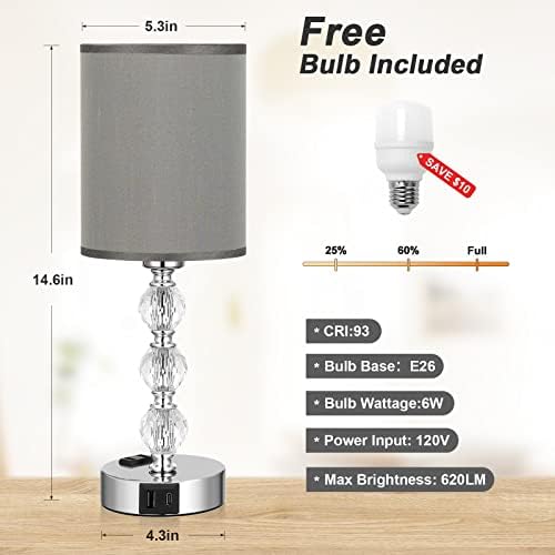 Grey Touch Bedside Lamps for Bedrooms - Crystal Table Lamp with USB C+A Charging Port and AC Outlet Nightstand, 3 Way Dimmable Silver Small End Side Table Lamp for Living/Guest/Dinning Room/Kitchen