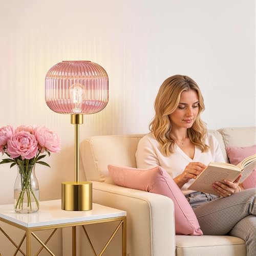 QiMH Glass Table Lamp for Living Room, Modern Bedside Lamp with Pink Ribbed Glass Shade, 3-Way Dimmable Touch Control Nightstand Lamp for Bedroom, Brushed Gold (2700K LED Bulb Included)