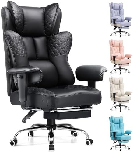GTPLAYER Big and Tall Office Chair Wide Ergonomic Gaming Chair with Deluxe Embossing Designed Leather with Foot Rest,150°Reclining Adjustable Soft Armrests Pocket Spring Back Support and Pillow