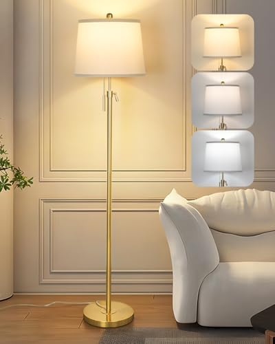 JUNNAI Gold Floor Lamp for Living Room, Tall Standing Lamp 55-65" Adjustable Modern Brass Floor Lamps for Bedroom Reading Office Kids 3 Color Lights Corner Night Stand (9W LED Bulb, White Shade)