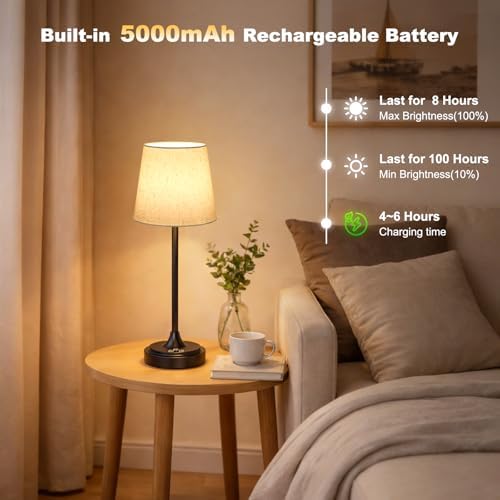 Wowag Cordless Table Lamp Rechargeable,5000mAh Battery Operated Desk Lamp,3 Colors & 7 RGB Stepless Dimmable,Touch Ambient Light for Bedside,Bedroom,Dining Room,Living Room,Black,FlaxenShade