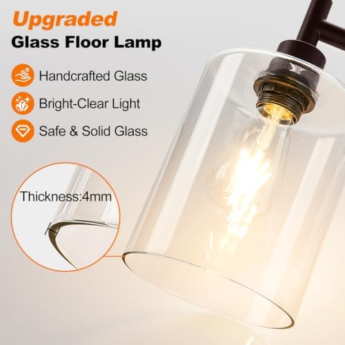【Upgraded】 Dimmable Floor Lamp for Living Room with Glass Lampshade, Brown with GoldEdge Modern Floor Lamp with 900LM LED Bulb Included, Standing Tall Lamp for Bedroom, Office, Reading Room, Corner
