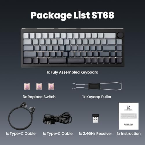 ZORNHER ST68 Ergonomic Split Keyboard,65% Wireless Gaming Keyboard with Knob,65% Black Hot-Swappable Mechanical Keyboards for Win/Mac,Linear Switches,RGB Backlit