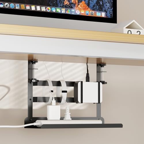 Yecaye Metal Under Desk Cable Management Tray, Clamp-On Desk Shelf