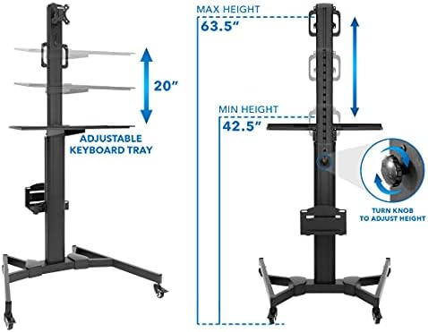 Mount-It! Computer Cart Mobile Desk Workstation with Monitor Mount for Screen up to 32", Rolling Computer Desk PC Cart, Keyboard & Mouse Tray, Rolling Stand with Adjustable CPU Holder, 63.5" Tall
