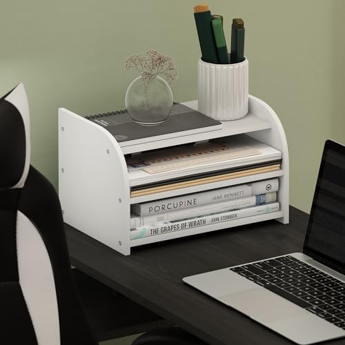Furinno Classic Desk Organizers and Accessories, 3-Tier Monitor Riser, Office Organization, Desk Top Book Shelf, for Office Supplies, White