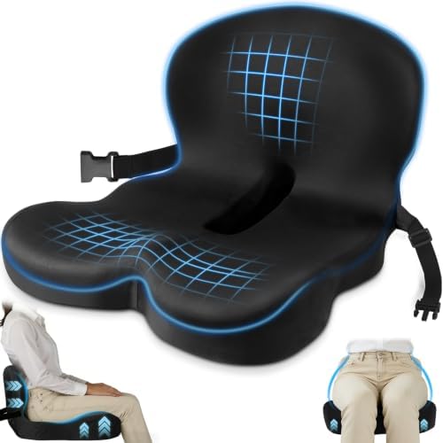 MYFAMIREA Truck Seat Cushion, Memory Foam Trucker Seat Cushion for Truck Driver Long Sitting with Adjustable Strap, Back Support and Pain Relief for Trucker Driving Office Chair and Pain, Black