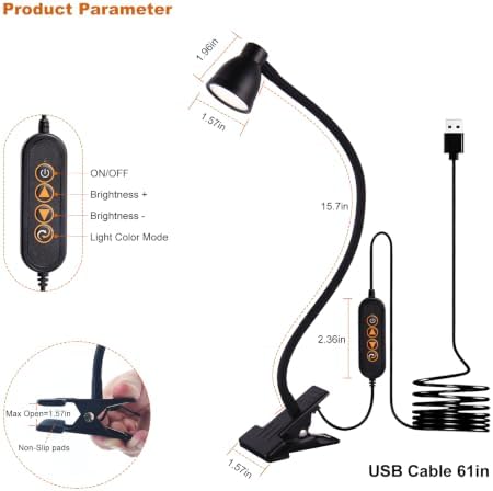 LED Clip Light 3 Color 10 Brightness Dimmable Clamp Desk Lamp Black