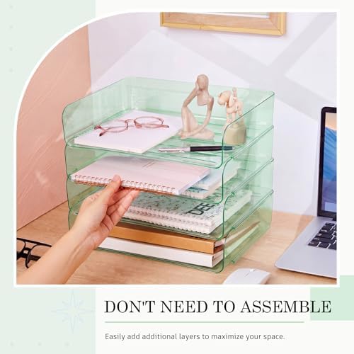 Harloon 4 Tier Clear Sage Green Acrylic Paper Organizer Letter Tray, Aesthetic Stackable Desk File Organizer Paper Holder Office Tray for A4, Modern Office Classroom Home File Pad Books Notes