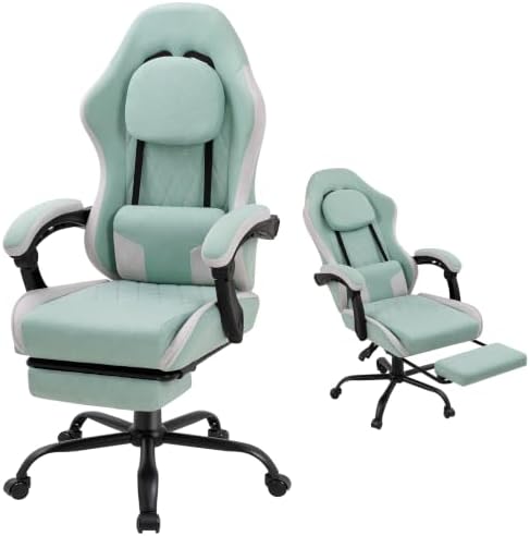 Gaming Chair for Adults, Fabric Gaming Chair with Footrest and Pocket Spring Cushion, Ergonomic Gamer Chair with Lumbar Support, Reclining Computer Gaming Chair with High Back, Light Green