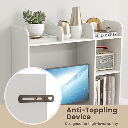GIANTEX Desktop Bookshelf, Wood Desk Hutch Organizer for 27 Inch Computer Monitor, Countertop Storage Display Rack with 5 Shelves, Multipurpose Desktop Shelf Bookcase for Dorm Office Home, White