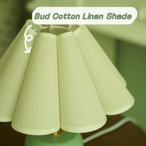 Green Bedside Table Lamp, Bud Cotton Linen Shade Solid Wood Base Bedroom Decor Light(Without Buld)