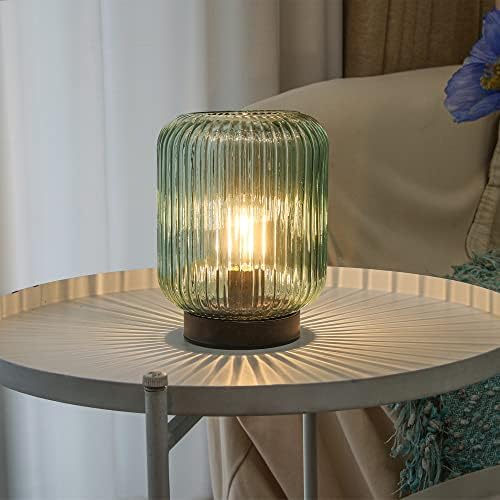 LUSHARBOR Battery Operated Lamp, Cordless Table Lamps for Home Decor, Battery Powered Nightlight with LED Bulb, Decorative Glass Beside Lamp for Bedroom Living Room-Green