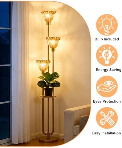 Lightdot Amber Flower Glass Floor Lamp with Table Gold Floor Lamp 3-Light