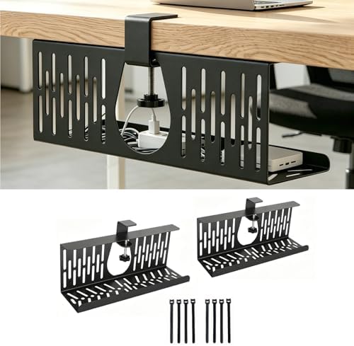 Under Desk Cable Management Tray, Cord Organizer for Desk Cable Management Tray Under Desk with Clamp for Home Office, Standing Desk (2Pack Black)