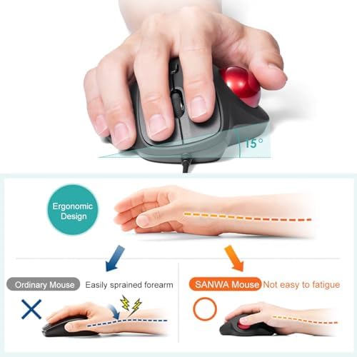 SANWA Wired Ergonomic Trackball Mouse GMATB128BK + Orange 34mm Replacement Ball Bundle Set, Silent Click Rollerball Mouse, 600/800/1200/1600 DPI, Compatible with Mac, Laptop, PC, Windows, macOS