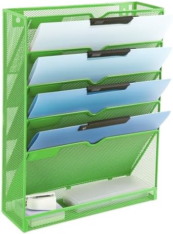 EASEPRES 6 Tier Mesh Hanging Wall File Organizer, Desk Vertical Mail Paper Document Folder Holder Rack with Bottom Tray and Nametag Label for Office Home School, Green