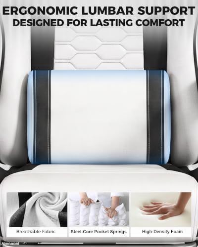 LUCKRACER Gaming Chair with Footrest and Pocket Spring Cushion, 90°-155° Reclining Ergonomic Computer Chair, 4" Height Adjustable, Lumbar Support, SGS Class 3 Gas Lift, White